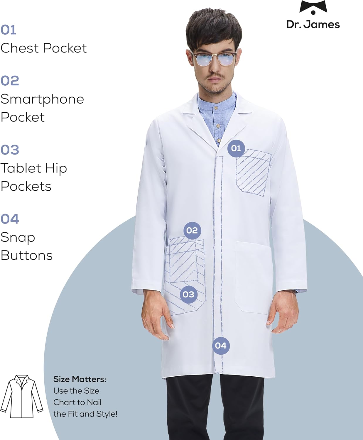 Unisex Lab Coat – White Medical Coat, Classic Fit, 3 Pockets + Phone Slot, Safety Snaps, OEKO-TEX Certified