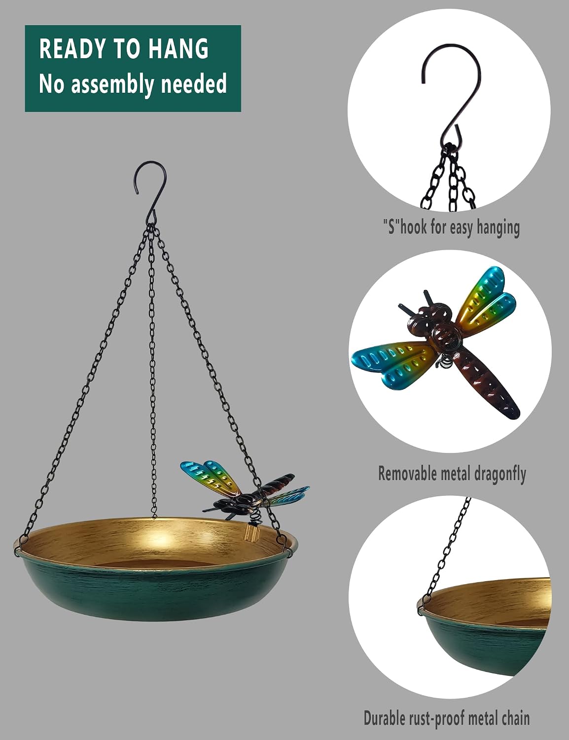 Hanging Bird Bath & Feeder Outdoor, 11 in Green/Bronze Metal Birdbath Bowl