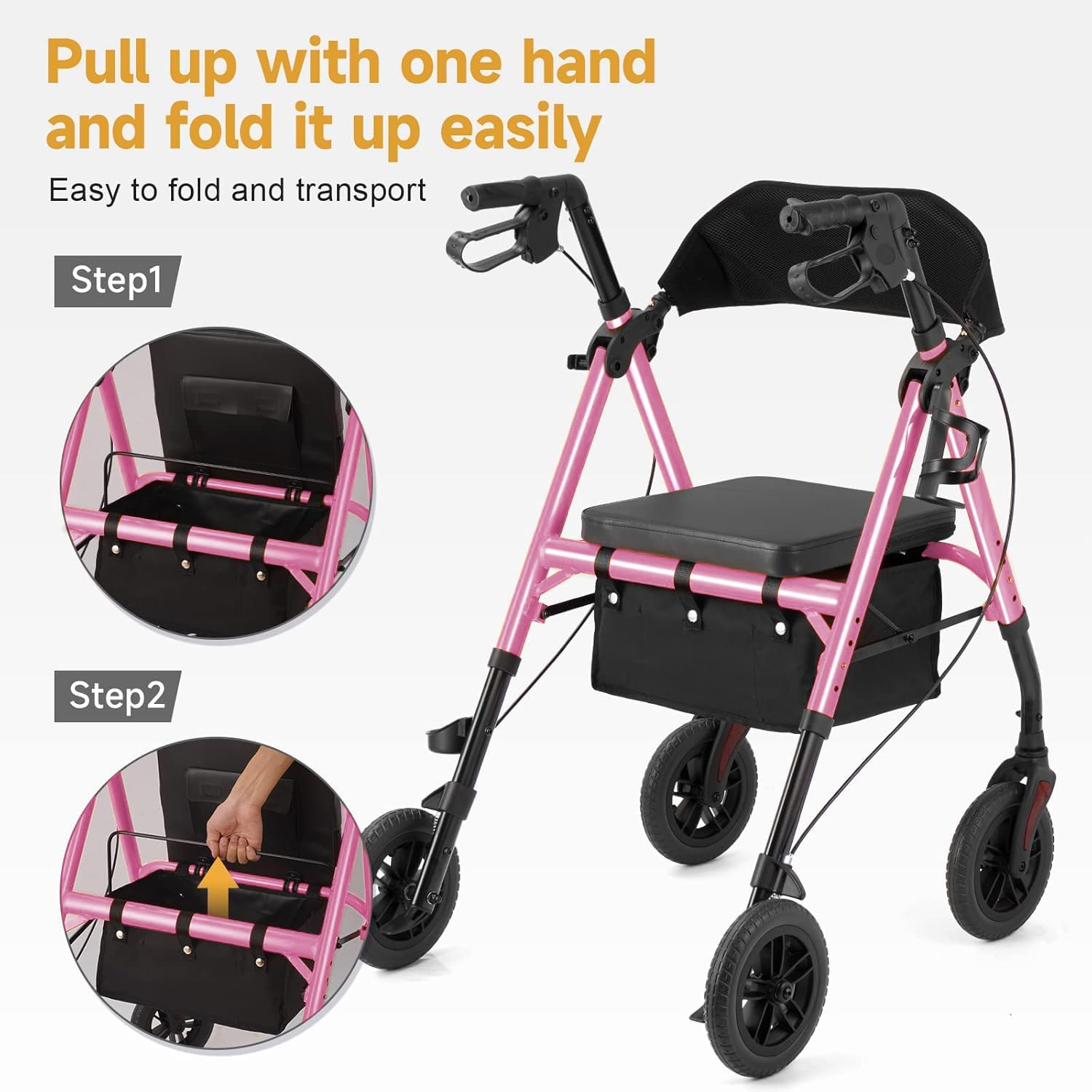 Lightweight Rollator Walker with Seat & Backrest - Foldable Mobility Aid for Seniors, 8" Large Airless Tires