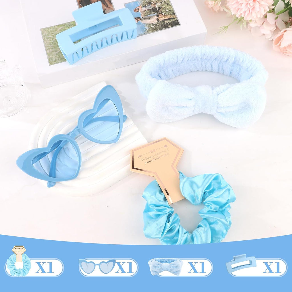 4 Pcs Blue Bridesmaid Proposal Gifts Bridesmaid Spa Headband, Hair Claw Clips, Heart Shaped Sunglasses and Smooth