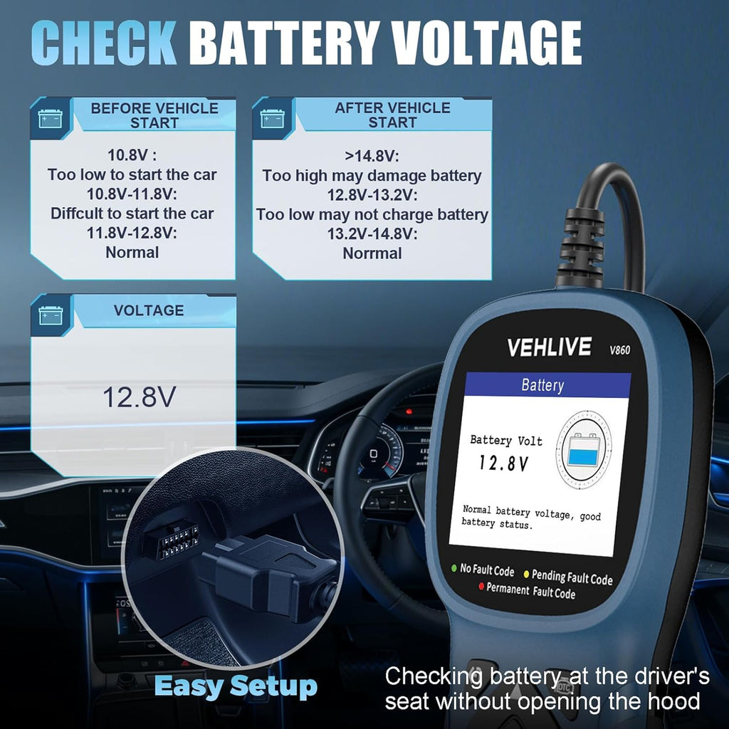 V860 Scanner for Car and Trucks,OBD2 Diagnostic Tools and Code Reader for Engine Check,Battery Test, O2 Sensor and