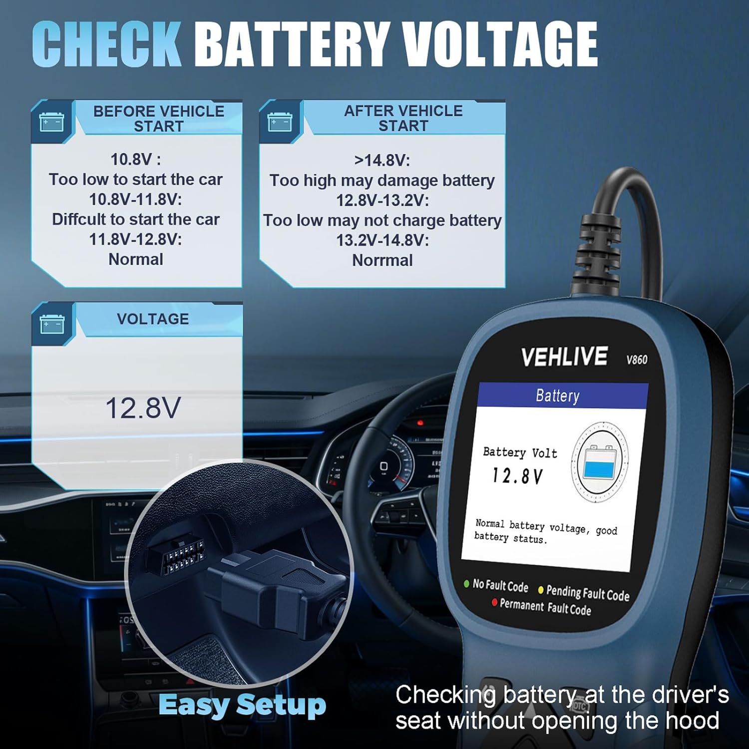 V860 Scanner for Car and Trucks,OBD2 Diagnostic Tools and Code Reader for Engine Check,Battery Test, O2 Sensor and