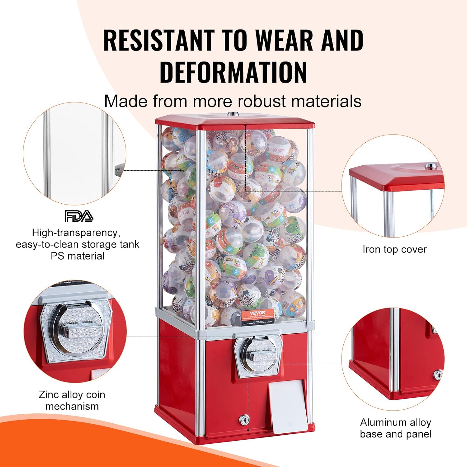 Gumball Machine, 25" Height Home Vending Machine, PS Bouncy Balls Dispenser, Hold 230 Capsule Balls, Rectangle Bubble