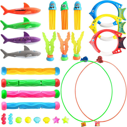 Dive Rings Pool Toys Adults, 27 Pcs Diving Toys for Kids Ages 4-8, Shark Torpedo Dive Set, Octopus Toddler Water Fun