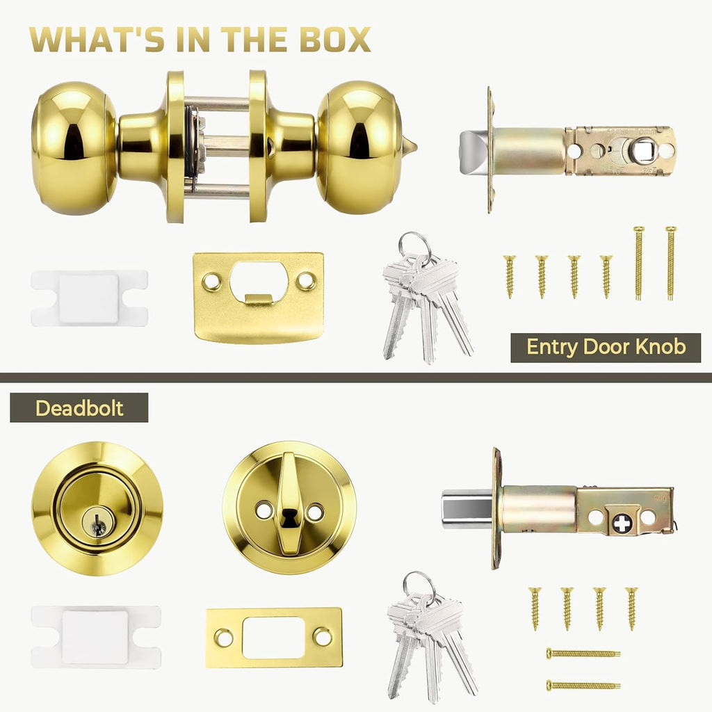 Keyed Entry Door Knob and Single Cylinder Deadbolt Combo Set, Exterior Door Knobs for Entrance and Front Door, Keyed