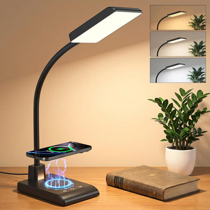 Desk Lamp with Wireless Charger, Desk Lamps for Home Office Night Light | 3 Color Modes with Stepless Dimming, CRI