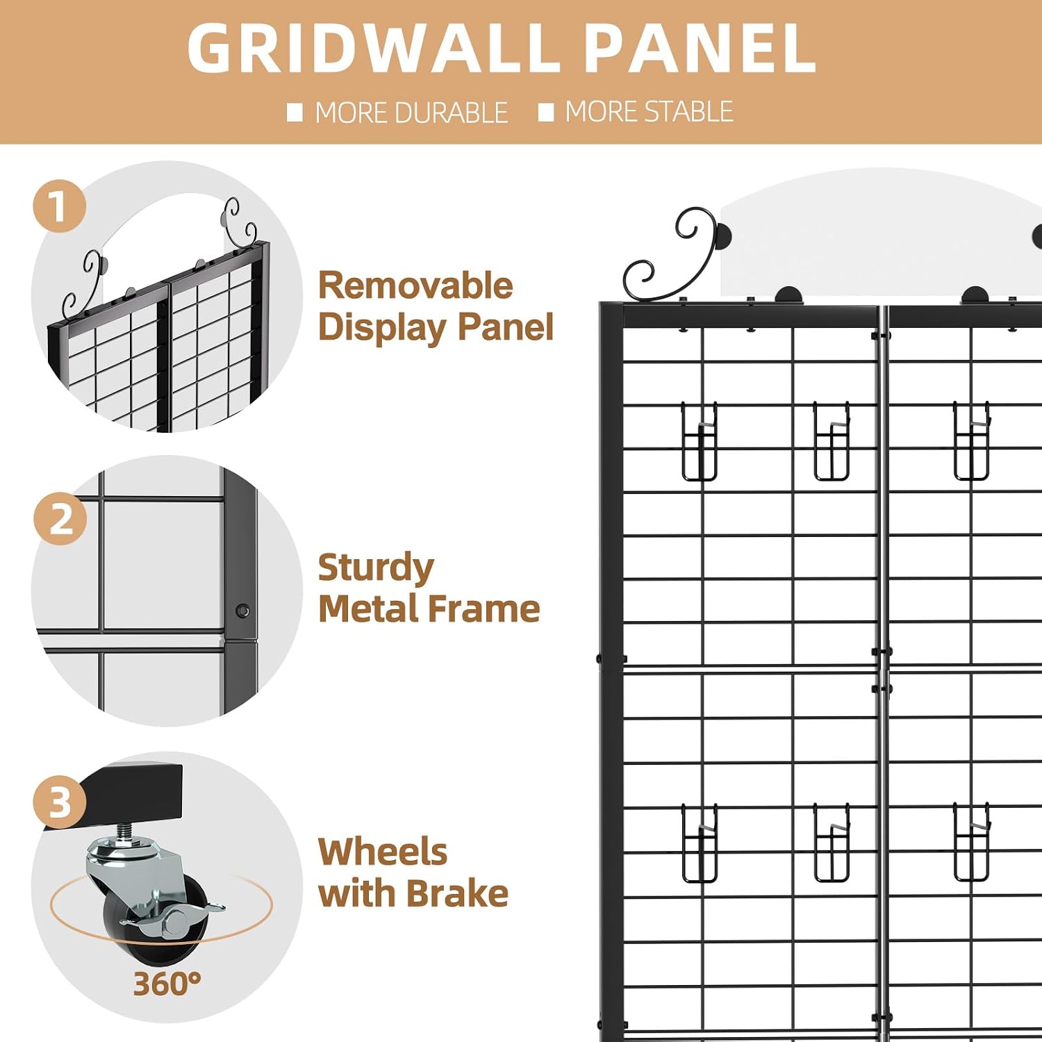 Grid Wall Panel Display Stand, 2.2' x 6.2' FT Gridwall Panel with Extra 8 Hooks, Craft Show Display Rack Black Metal