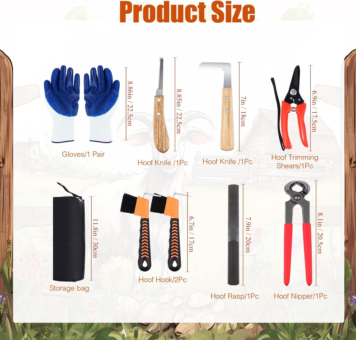 9 Pcs 8 Inch Farrier Tools Kit Horse Goat Hoof Trimmer Metal Shears Farriers Hoof Nipper Cutter Handle Knife Gloves