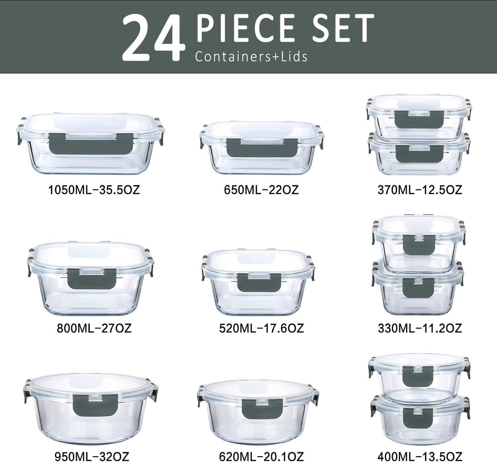 24-Piece Glass Food Storage Containers with Upgraded Snap Locking Lids,Glass Meal Prep Containers Set - Airtight