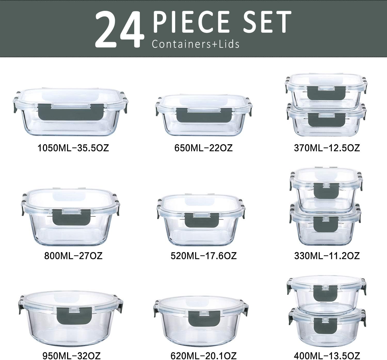 24-Piece Glass Food Storage Containers with Upgraded Snap Locking Lids,Glass Meal Prep Containers Set - Airtight