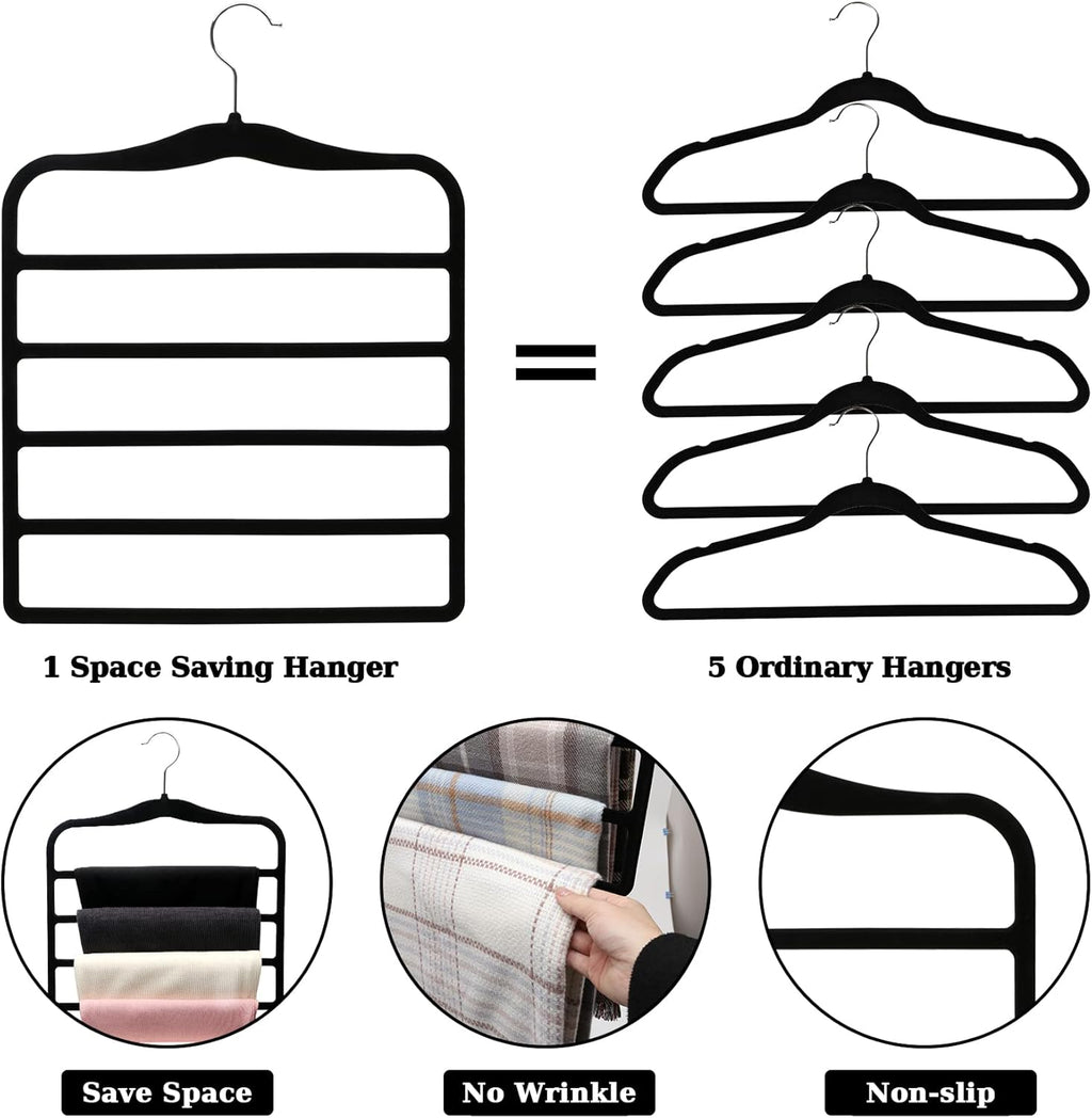 Closet Organizers and Storage, 3 Pack Pants-Hangers-Space-Saving, Velvet Non Silp 5 Tier Scarf Jeans Closet