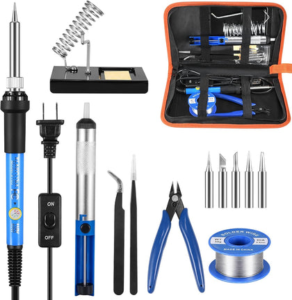 Soldering Iron Kit, Adjustable Temperature 13-in-1 60W Soldering Tool, Solder Kit Electronics with ON/Off Switch, 5