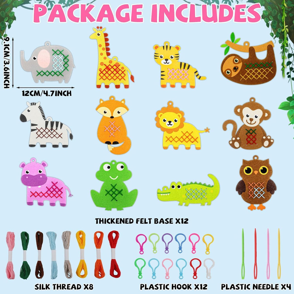 Cross Embroidery Kit for Kids Beginner 12 Jungle Animals Felt Keyrings Needlepoint Embroidery Starter Set with Jumbo