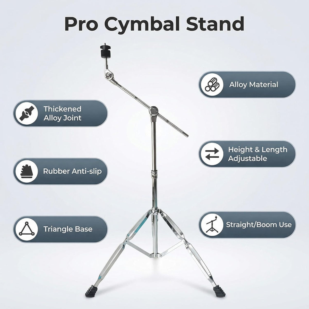 Cymbal Stand, Drum Hardware, Adjustable, Heavy Duty, Non-Slip, Sturdy Straight & Boom Combo, Double Braced Legs