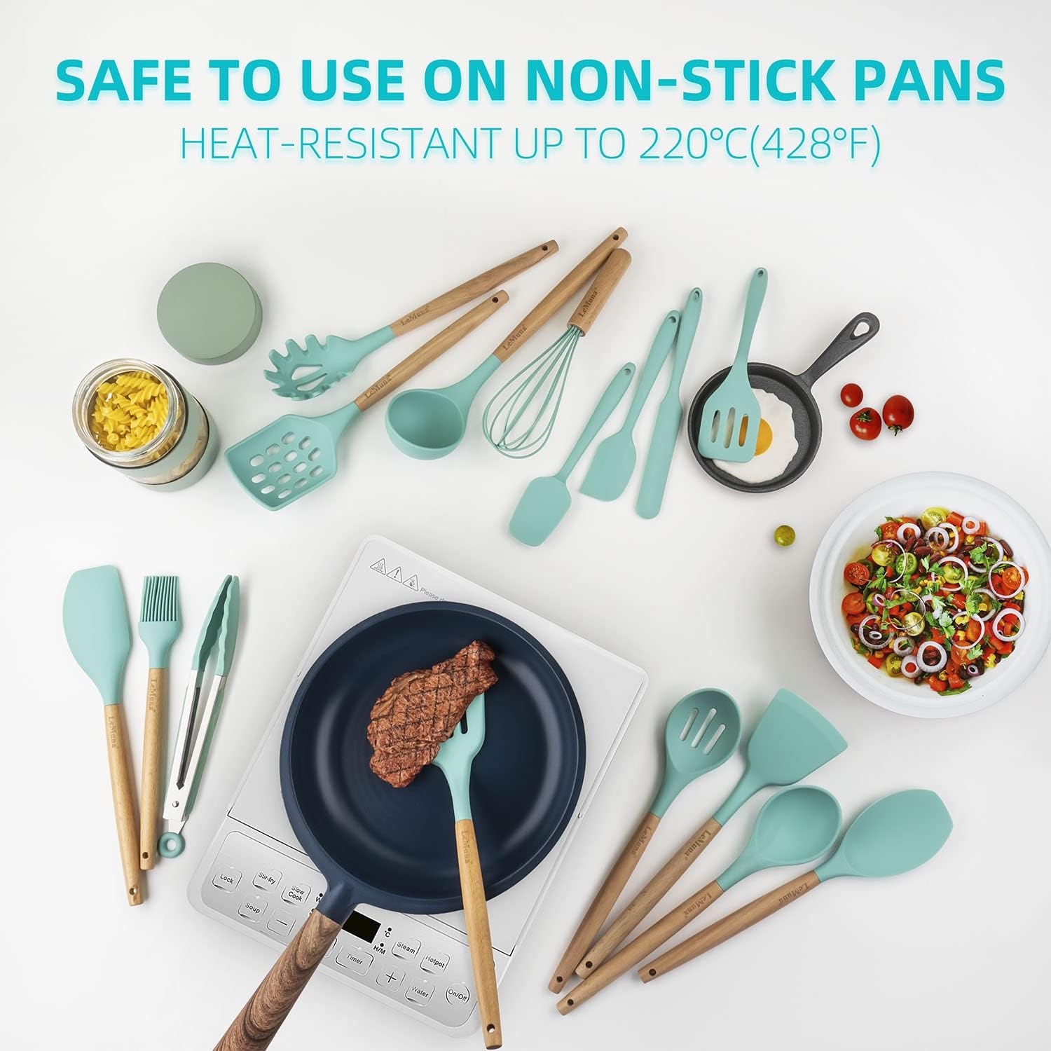 Cooking Utensils Set, 18pcs Kitchen Silicone Utensils, Heat Resistant Non Toxic & BPA-Free with Holder & Wooden