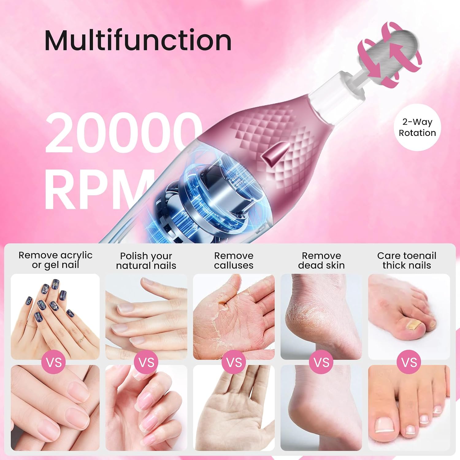 36-Piece Professional Manicure Pedicure Kit-Cordless Electric Nail File Kit,20000RPM, 11Pcs Bits,4 Speed,Rechargeable