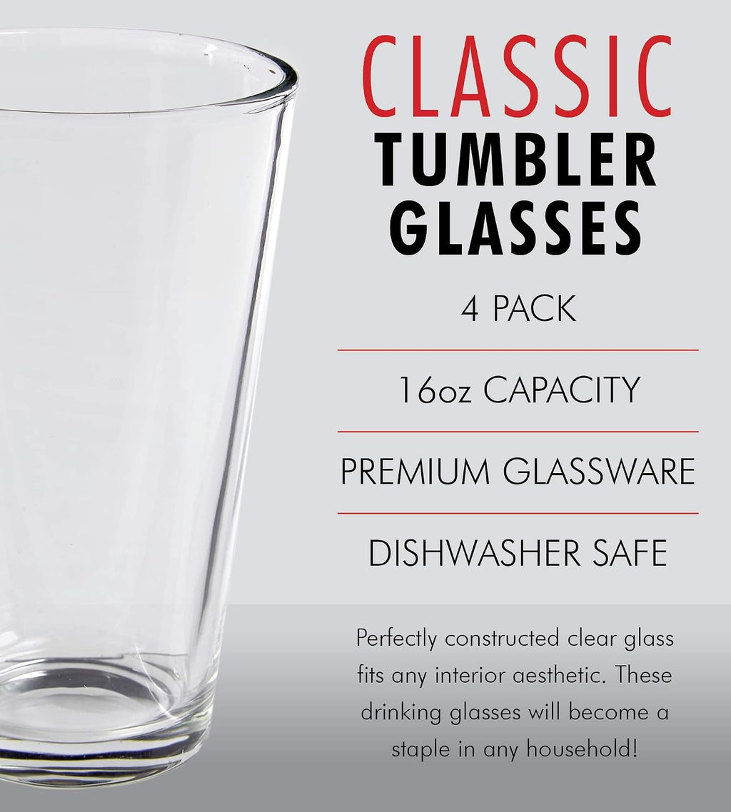 Pint Beer Glasses Set of 4 (16oz) Tall Clear Drinking Glasses