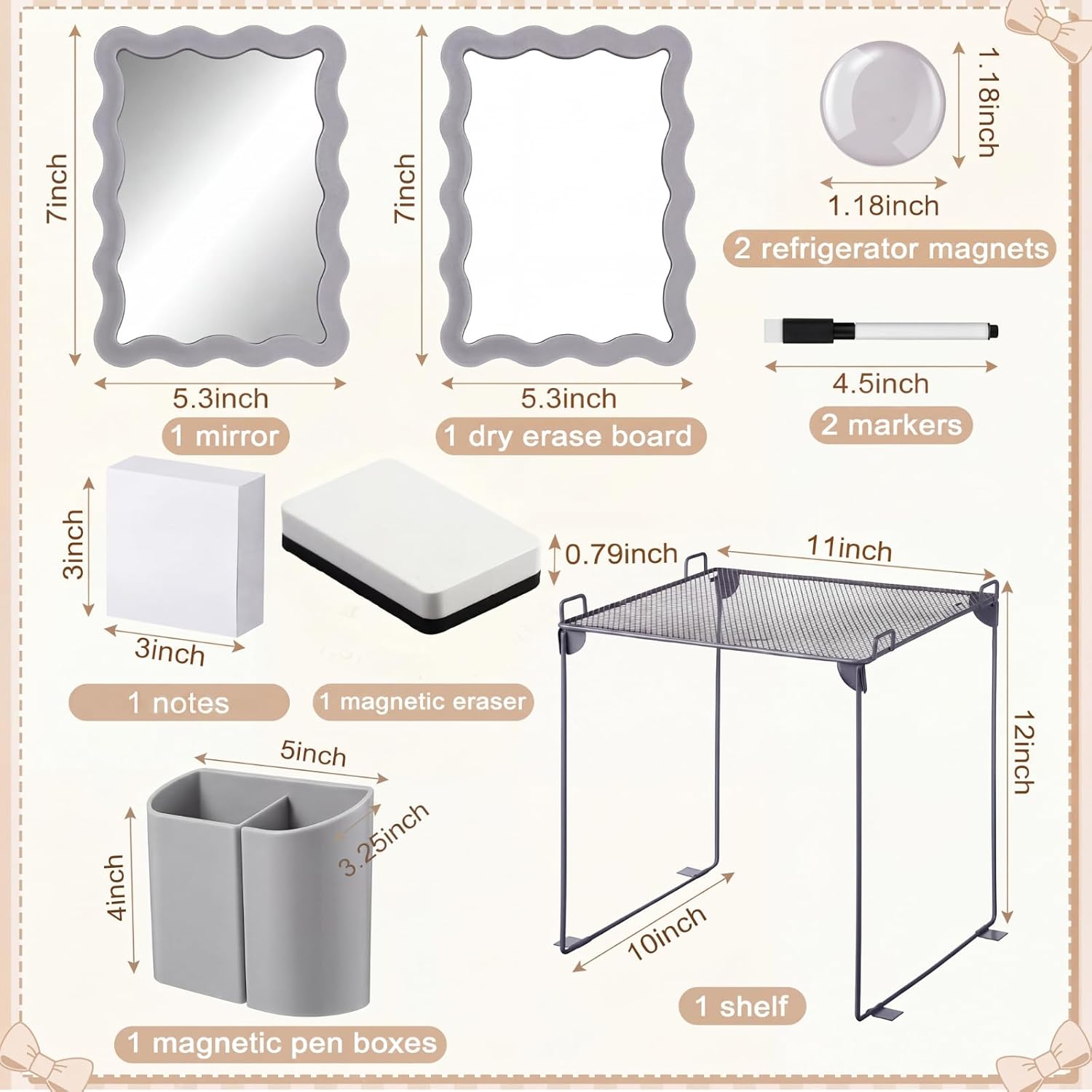 12 Pcs Gray Locker Accessories Kit with Locker Shelf Magnetic Mirror Magnetic Pen Holder Whiteboard Marker Eraser