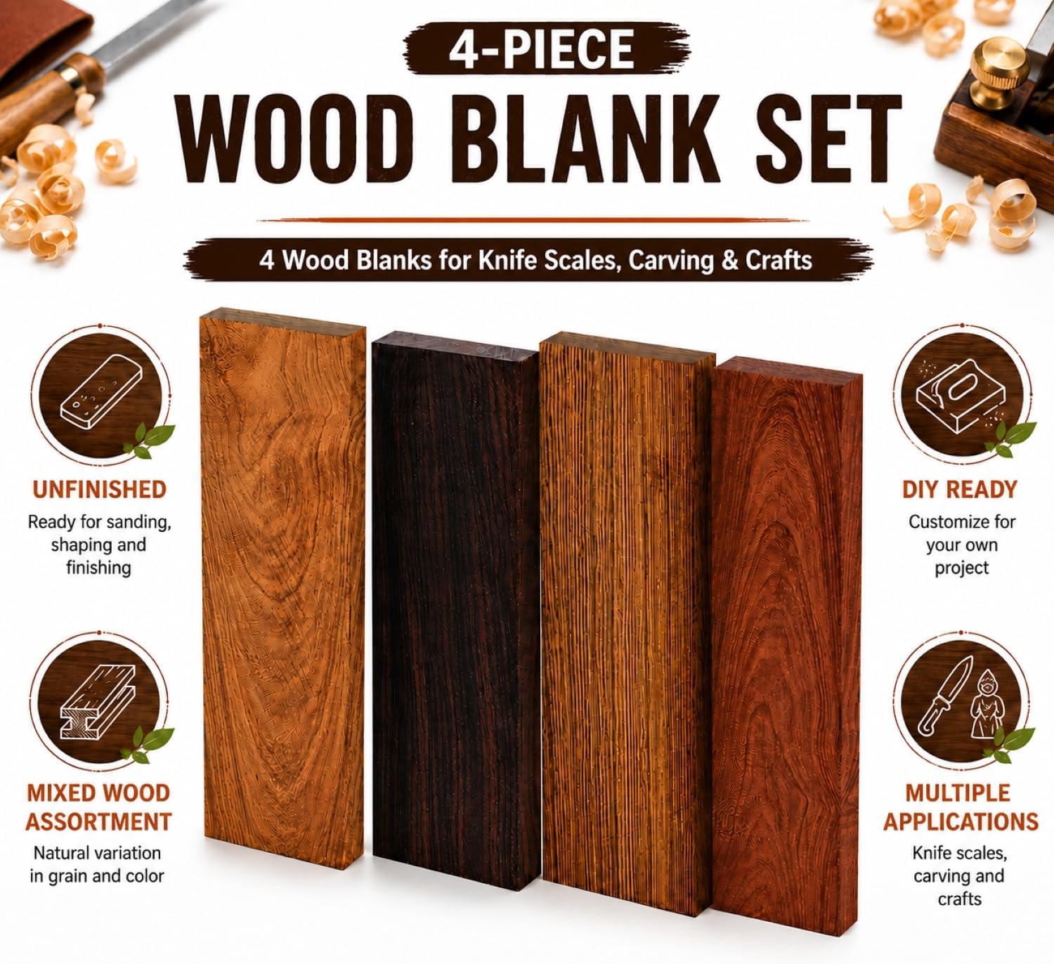 Knife Handle Material Wood Scales Blanks Kit, 4 Pieces, 4.8 x 1.6 x 0.4 in | Four unfinished natural wood blanks for