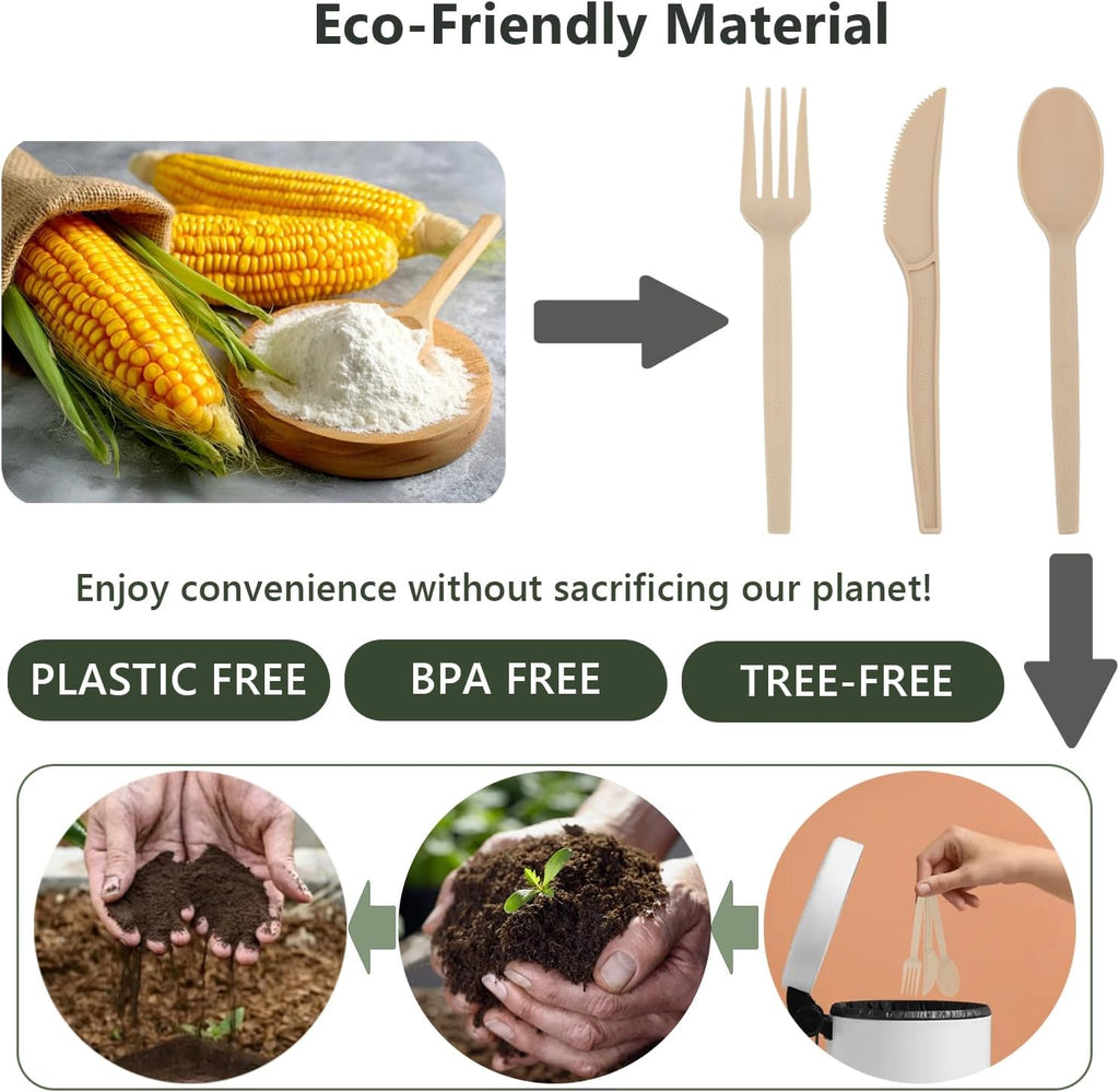 Disposable Silverware Bulk Heavy-Duty 150 Pcs, Compostable Forks, Spoons and Knives, Disposable Cutlery Set