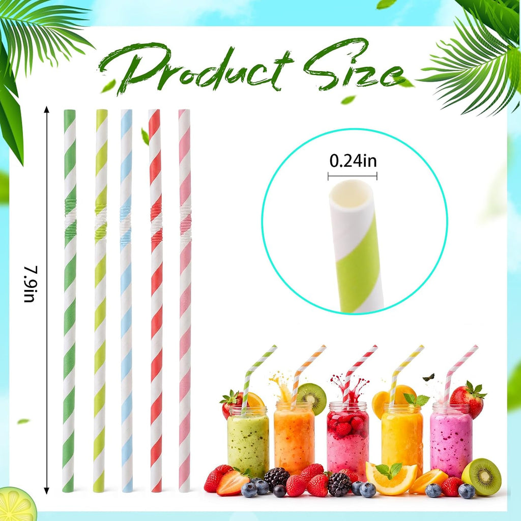 500 Pcs Paper Drinking Straws, Colorful Bendable Striped Straws 7.9"