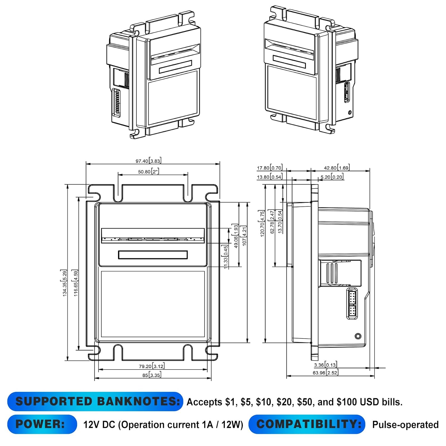 Pulse Bill Validator Acceptor, Us Dollar Banknote Validation Device for Cash Handling, Fast Recognition System for
