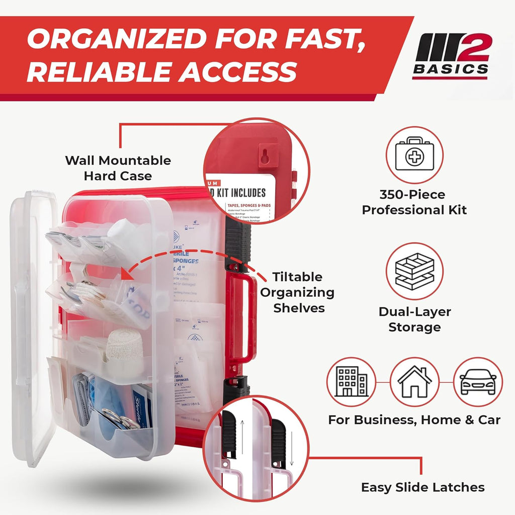 350 Piece Professional Wall-Mount First Aid Kit, Home, Business | Dual-Layer Hard Case, Office, Warehouse, Jobsite