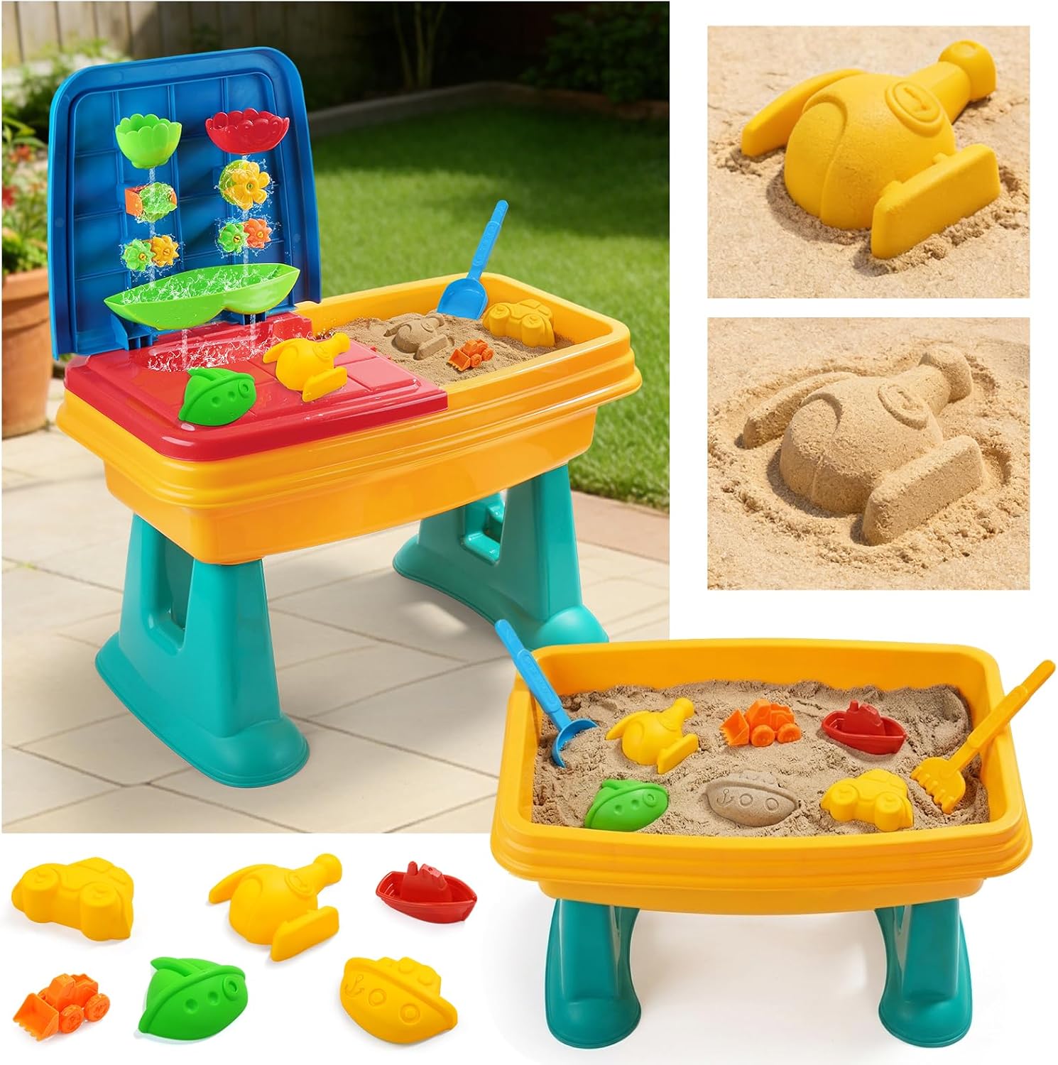 Kids Sand and Water Table, 2 in 1 Toddler Activity Table with Water Wheel & Sand Tools, Outdoor Indoor Sensory Play