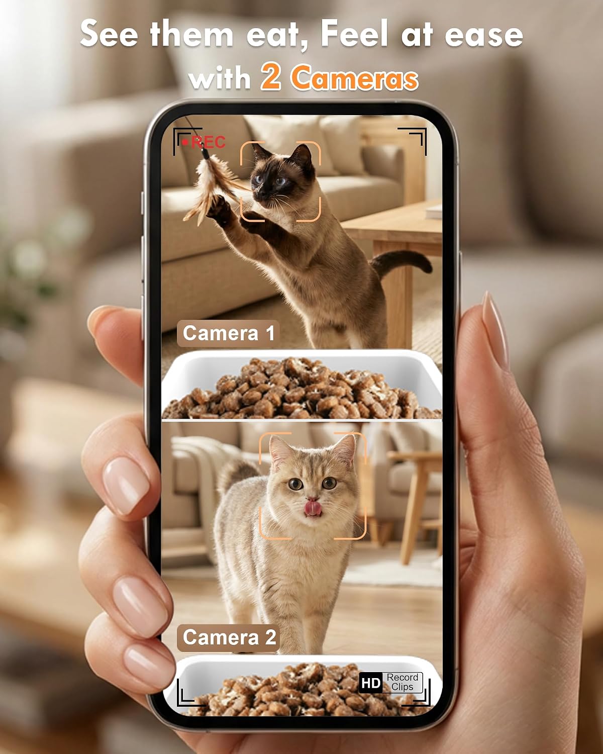 Automatic Cat Feeder for 2 Cats with Dual Bowls & Two HD Cameras