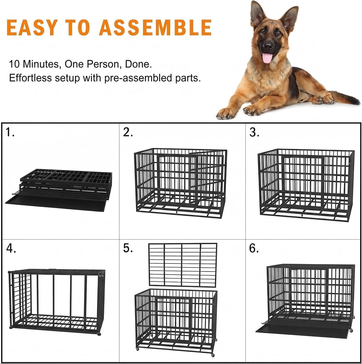 48 Inch Heavy Duty Dog Crate Cage with Wheels, Indestructible and Escape Proof Steel Kennel Indoor for High Anxiety