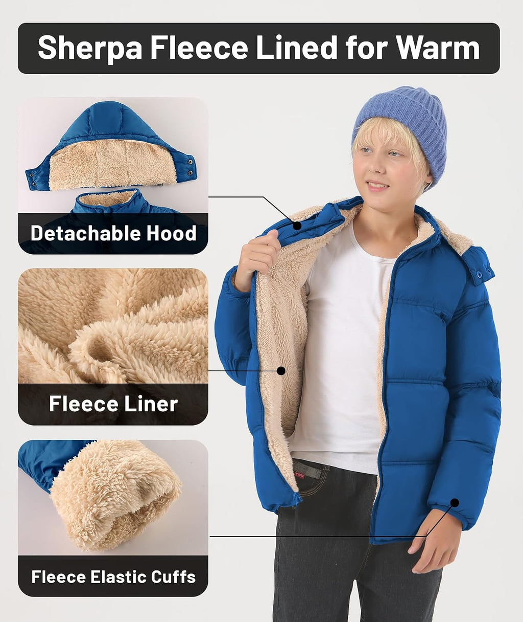 Boy's Winter Coat Thermal Puffer Jacket Warm Sherpa Fleece Lined Water-Resistant Zip Outerwear Coat with Detachable Hood