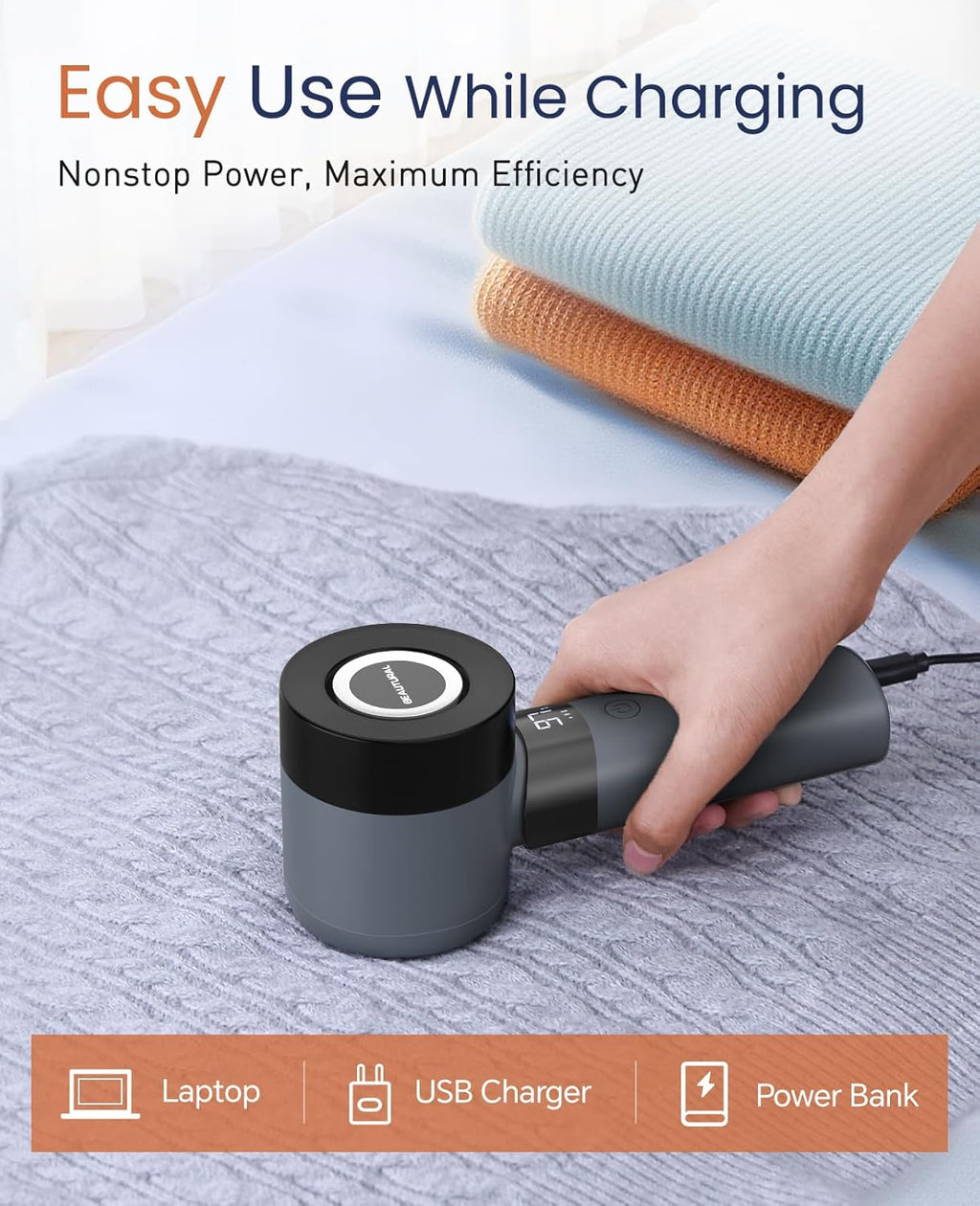 Fabric Shaver and Lint Remover, Rechargeable Sweater Defuzzer | LED Display, 3-Speed Settings, 6 Leaf Blades