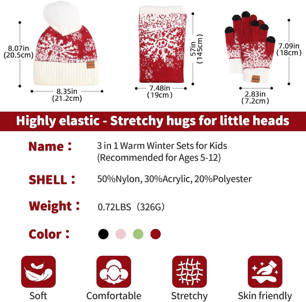 Kids Winter Hat Gloves Scarf Set: Girls Boys Beanie With Pom Knit Neck Warmer Gaiter Mittens Fleece Lined Sets (One