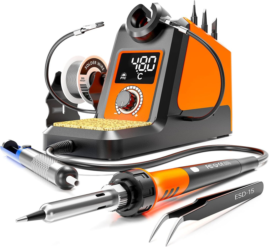 Digital Soldering Iron station Kit, 2 Auxiliary Clamps, 5 Soldering Iron Tips, Solder Wires, Solder Suckers