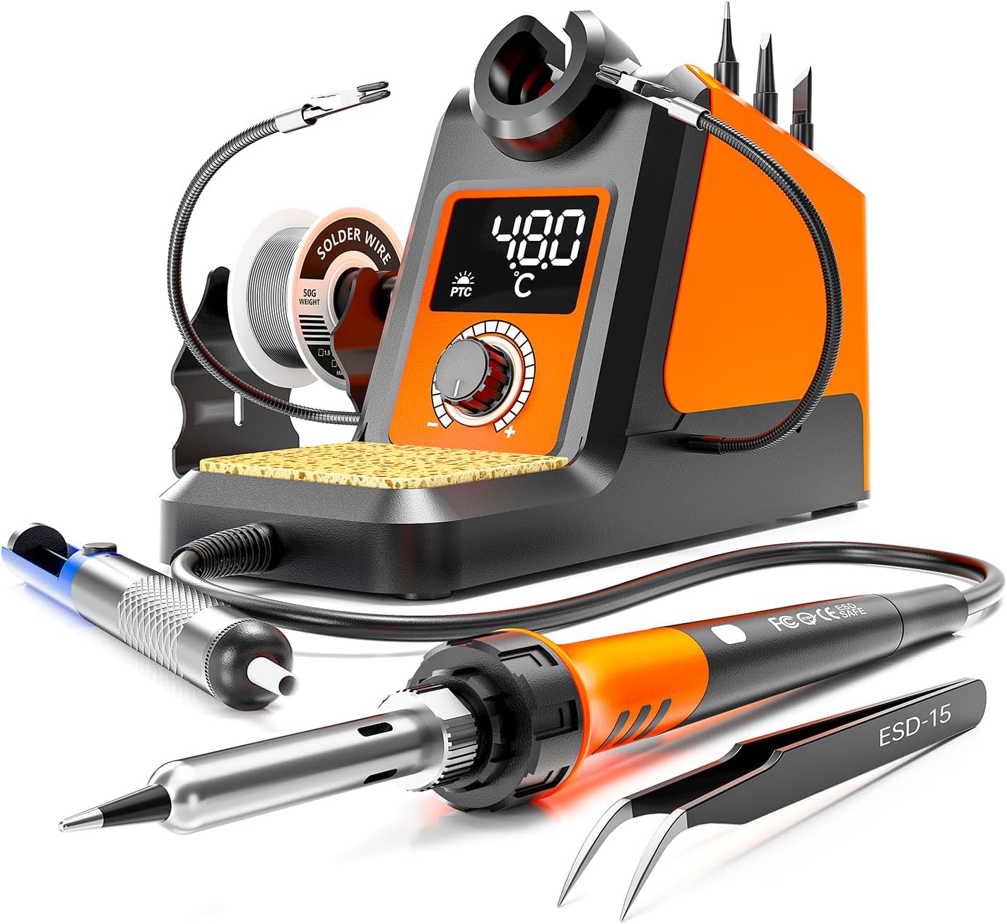 Digital Soldering Iron station Kit, 2 Auxiliary Clamps, 5 Soldering Iron Tips, Solder Wires, Solder Suckers