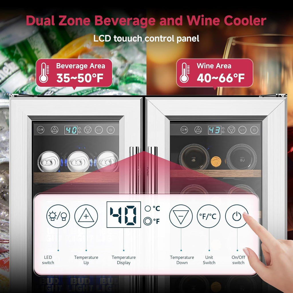 24" Wine and Beverage Refrigerator, 88 Cans &21 Bottles Dual Zone