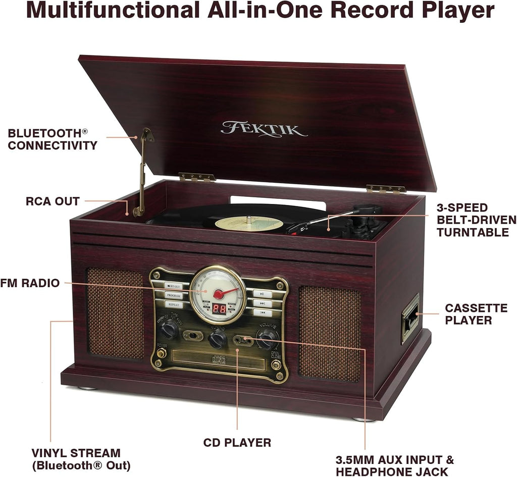 Bluetooth Record Player 10 in 1, 3-Speed Belt-Drive Turntable with Speakers, Bluetooth Input & Output, CD, Cassette