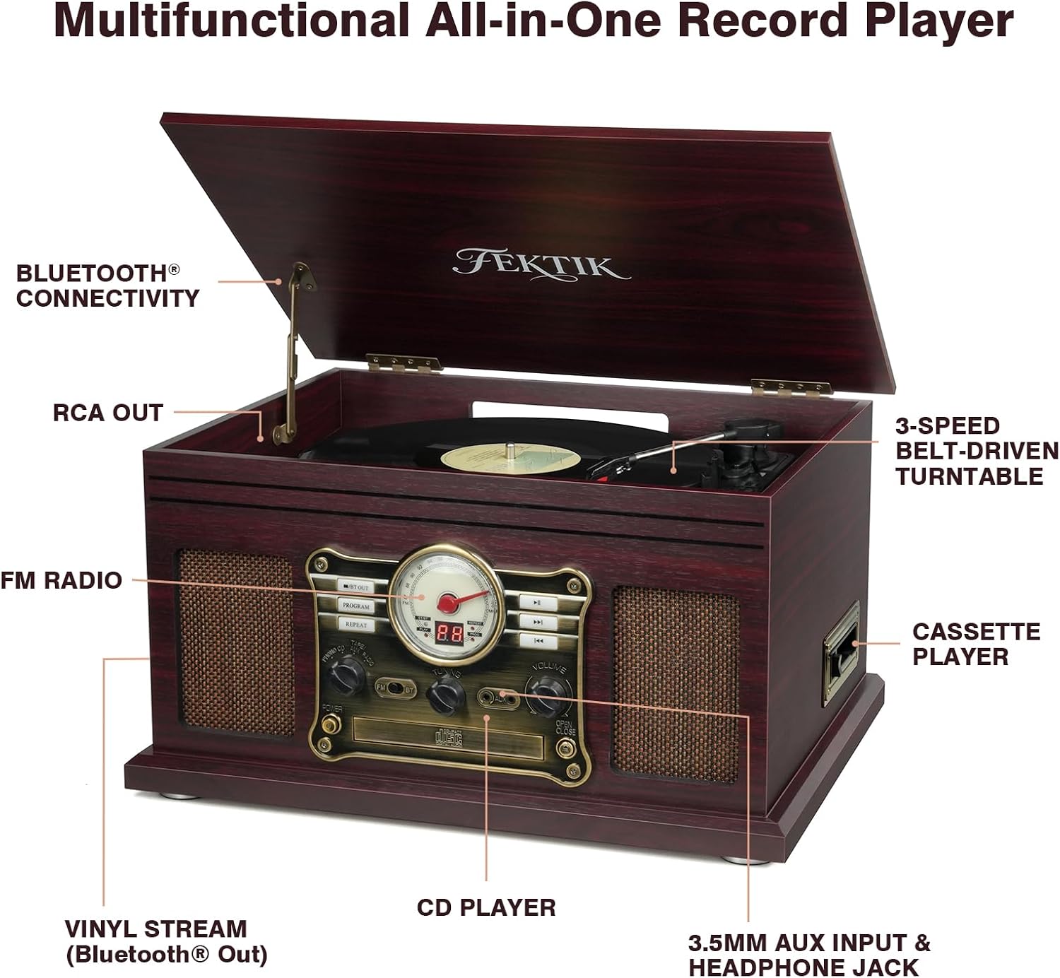 Bluetooth Record Player 10 in 1, 3-Speed Belt-Drive Turntable with Speakers, Bluetooth Input & Output, CD, Cassette