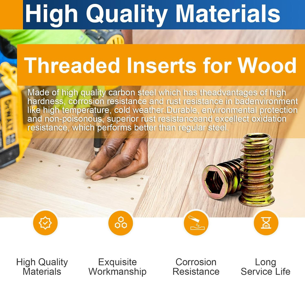 28PCS 1/4"-20 x 20mm Threaded Inserts for Wood, Hex Drive Nuts