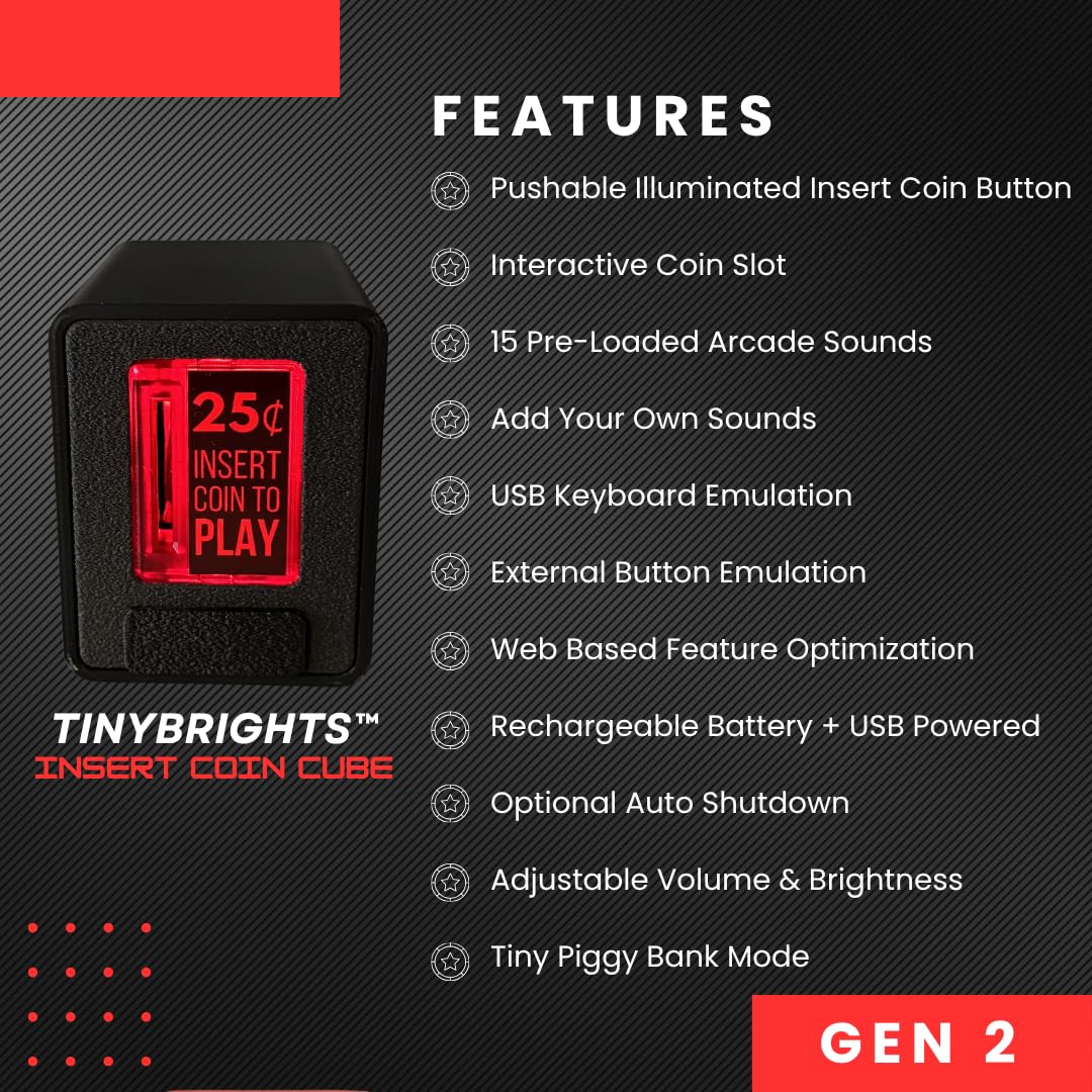 TinyBrights Insert Coin Cube Gen 2 - Interactive Retro Arcade Light, Game Room Decor, Pressable Insert Coin to Play