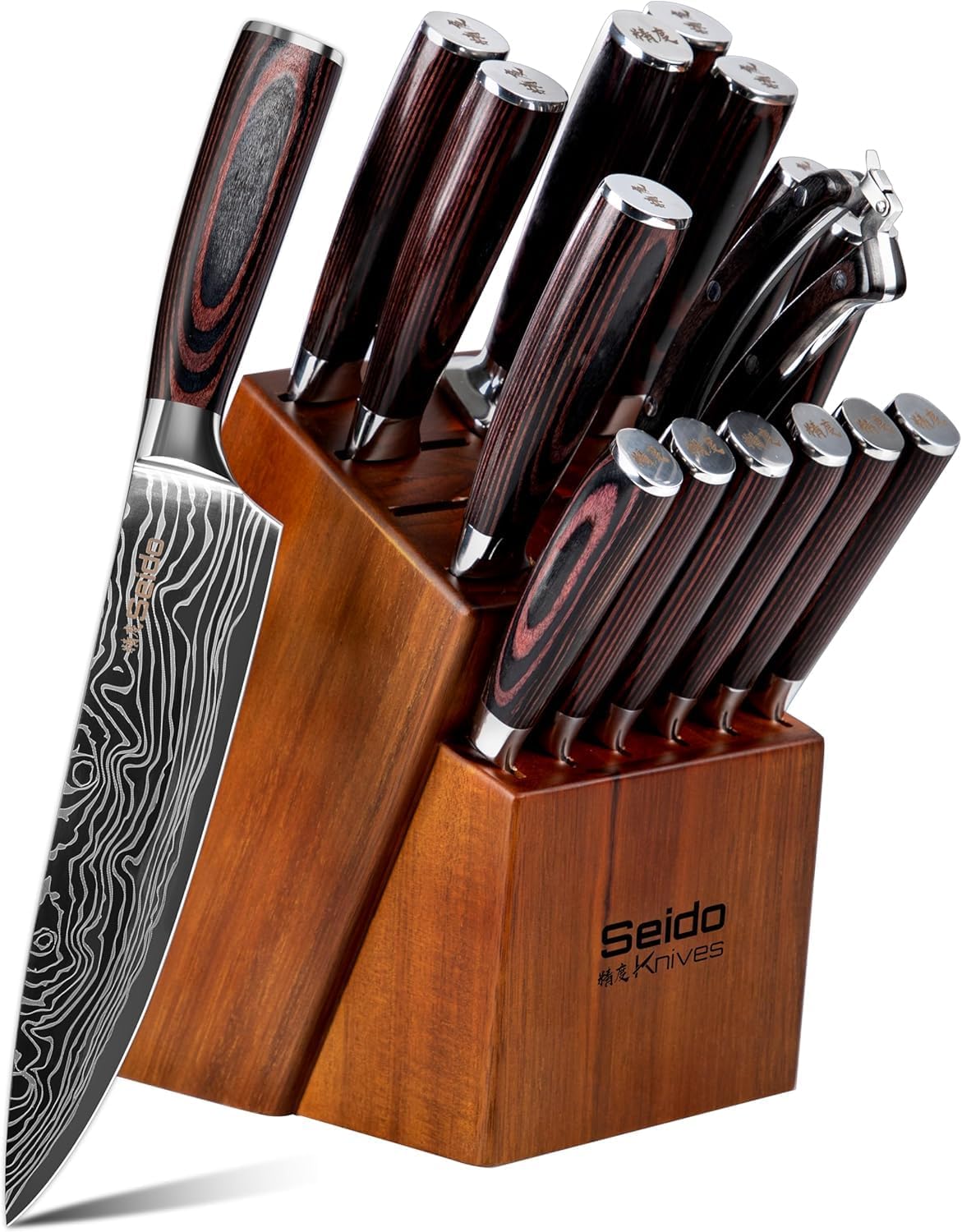 Seido Master 17-Piece Damascus Knife Block Set, Acacia Wood Block