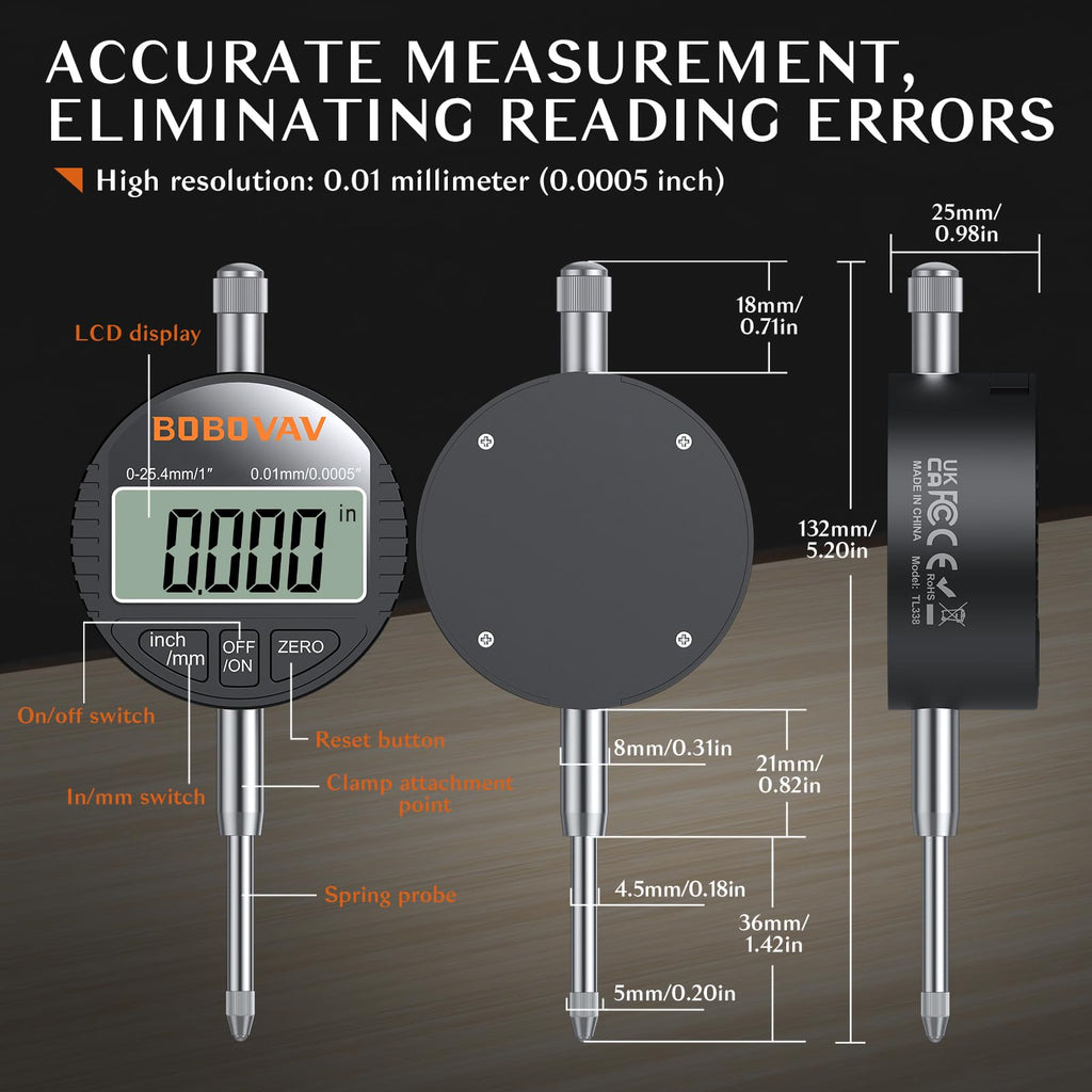 BOBOVAV 0-1"(0-25mm)/0.0005"(0.01mm) Digital Dial Indicator,Inch/MM Switch
