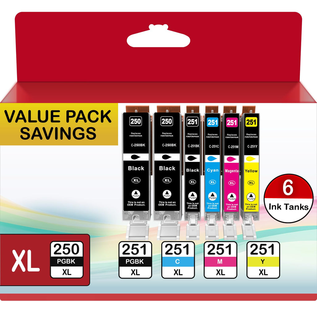 PGI-250XL CLI-251XL Ink Cartridges Compatible with Canon, 6 Pack