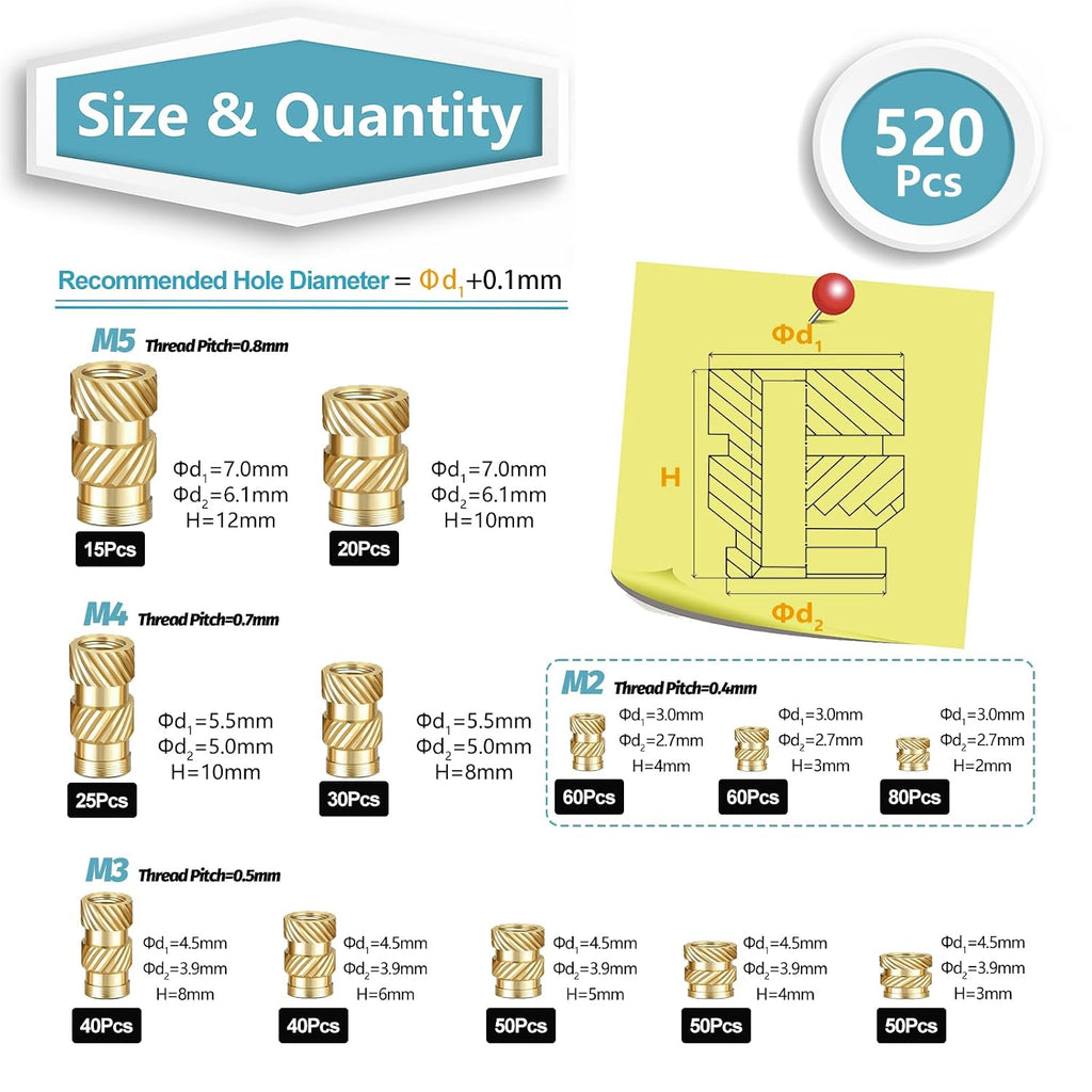 KADRICK M2-M5 Heat Set Insert Kit,520PCS Thread Inserts for 3D Printing