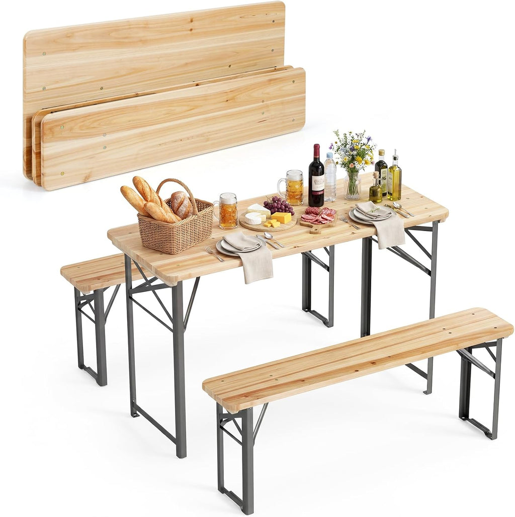 3 Piece Folding Picnic Table with 2 Benches, Foldable Wood Picnic Table Bench Set with Heavy-Duty Metal Frame for 4