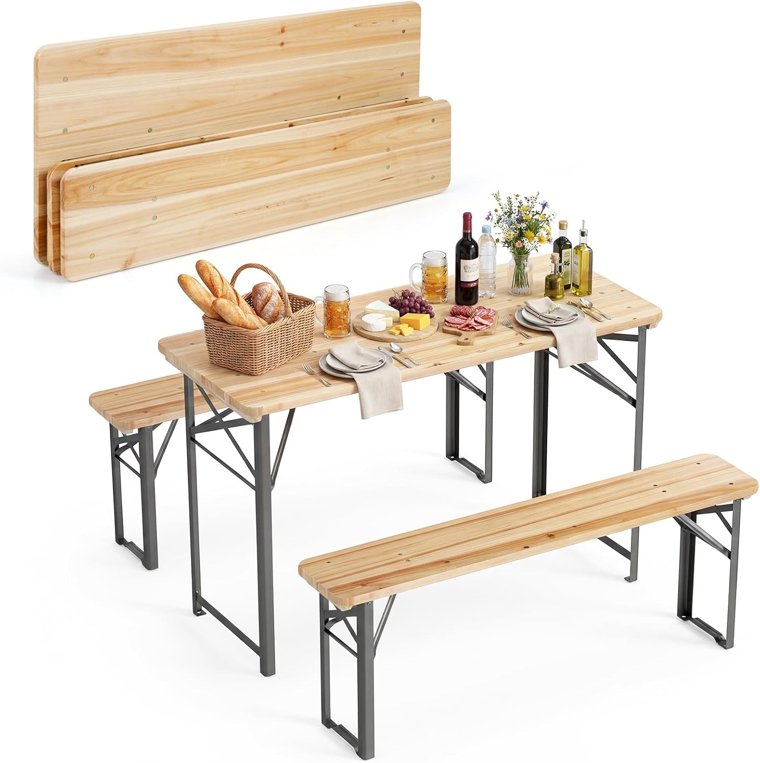 3 Piece Folding Picnic Table with 2 Benches, Foldable Wood Picnic Table Bench Set with Heavy-Duty Metal Frame for 4
