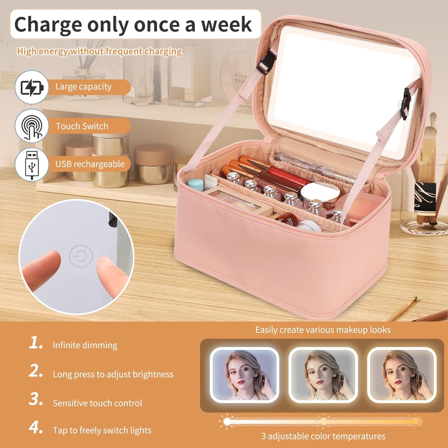 Makeup Bag With LED Mirror, Lightweight Travel Makeup Bag With 3 Color Setting Light Up Mirror Cosmetic Makeup
