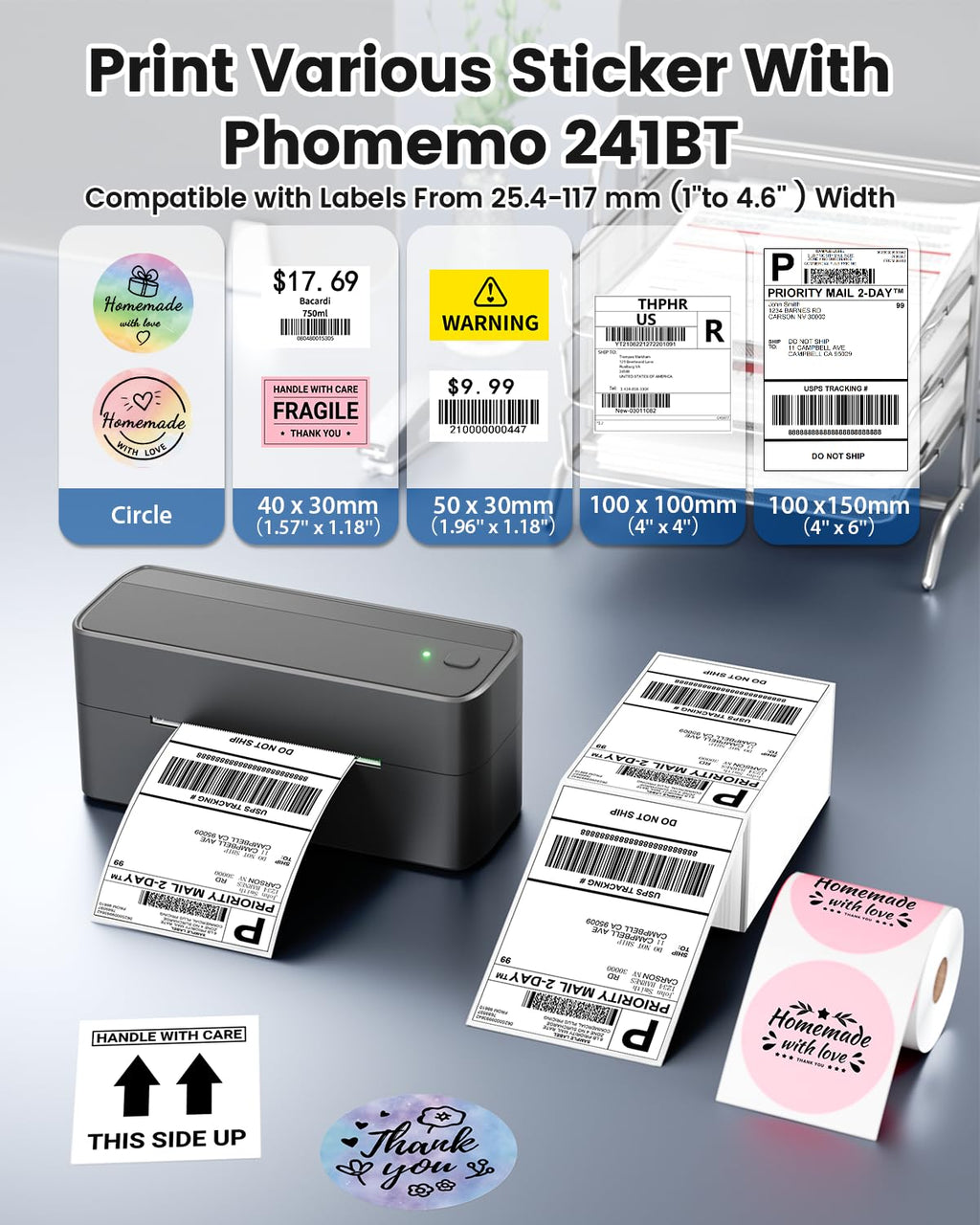 Bluetooth Shipping Label Printer,241BT Label Printer & 20Pcs Labels