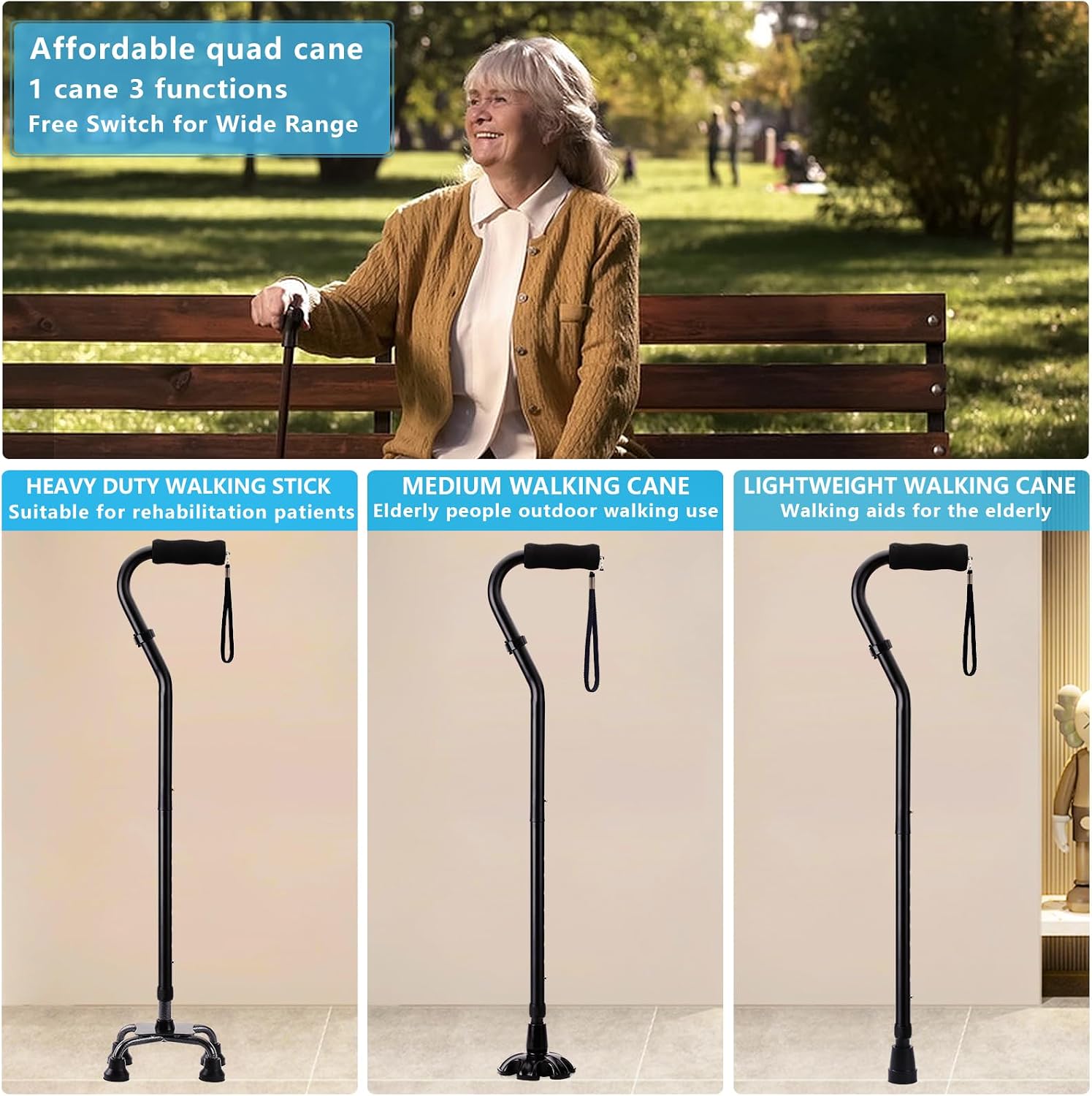 Walking Canes Stablize Women Quad Canes for Seniors & Adults Foldable Adjustable for Men & Women Heavy Duty