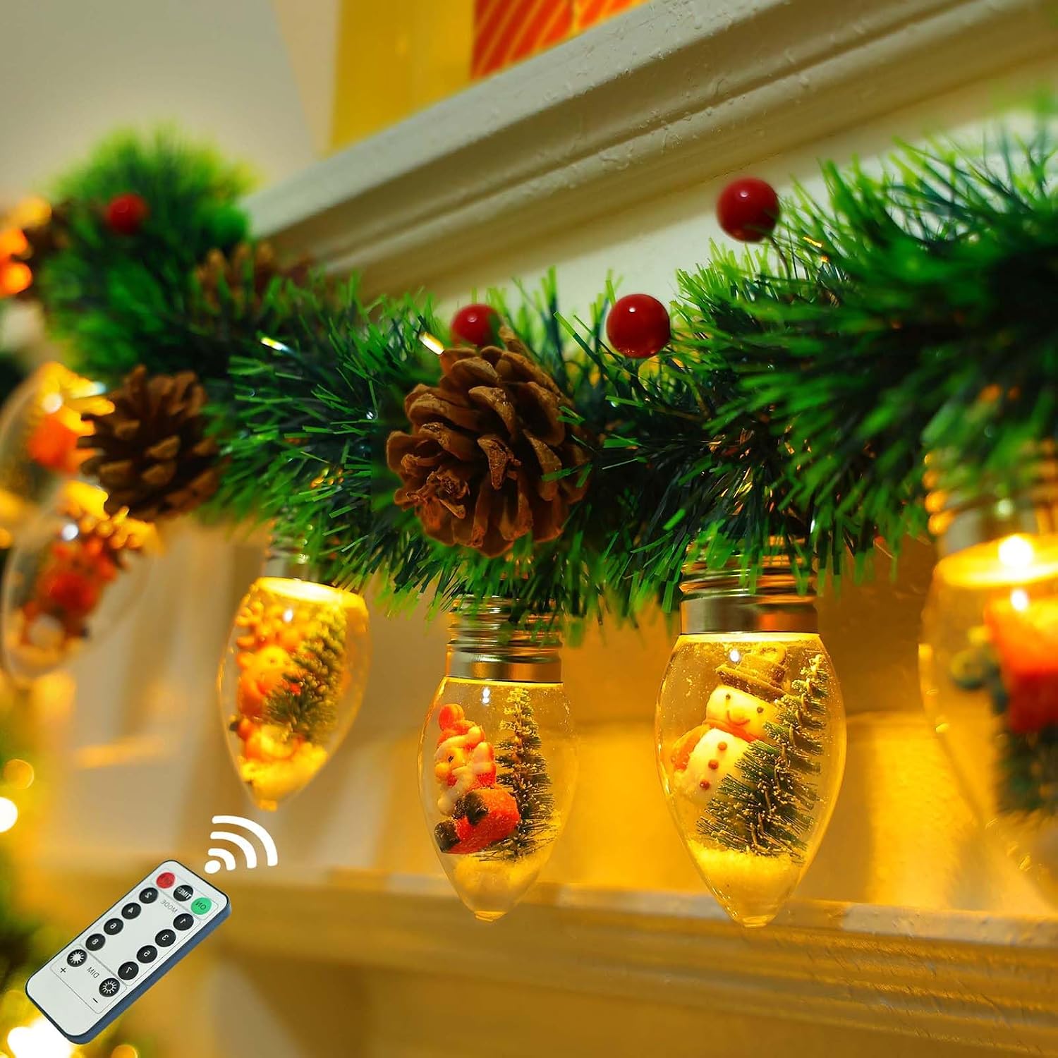 Christmas Garland with Lights, 8.2 FT Battery Operated Powerd 12 LED Bulb Lights Pine Cones Red Berry Decorations